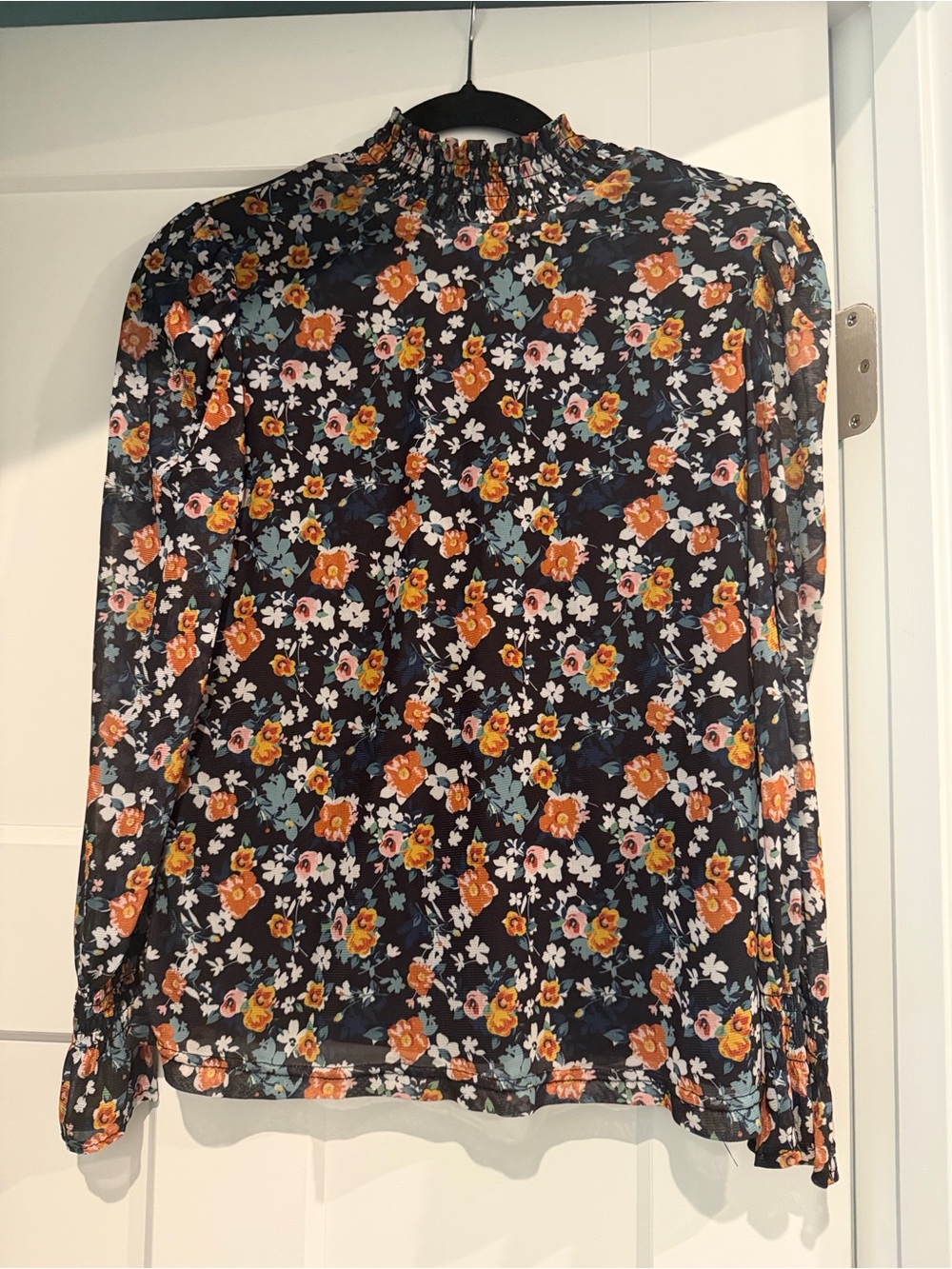 Mock-Neck Floral Blouse in Black with Orange Floral
